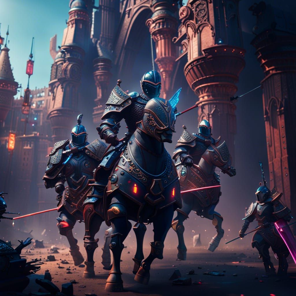 Cyberpunk Knights Jousting in a Fantasy Kingdom