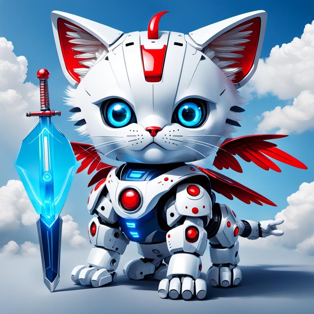 Winged Robot Cat Soaring with Sword