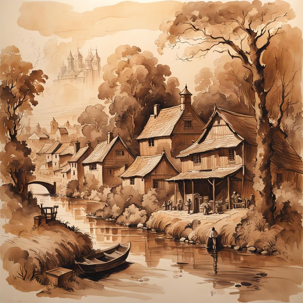 Idyllic Village in Brown Monochromatic Ink Wash