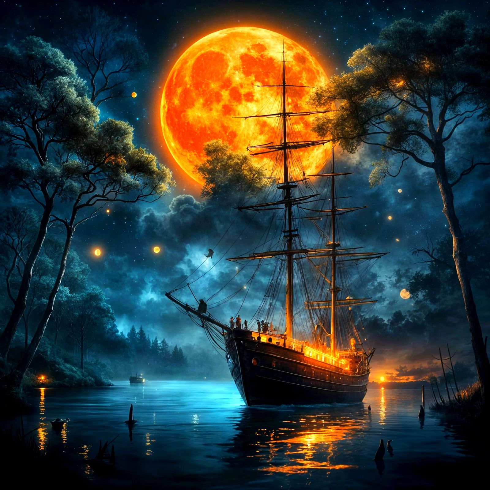 Realistic Night Landscape with Orange Moon and Glowing Ship