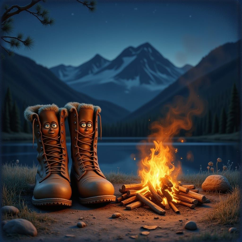 Anthropomorphic Hiking Boots by Campfire in Digital Painting...