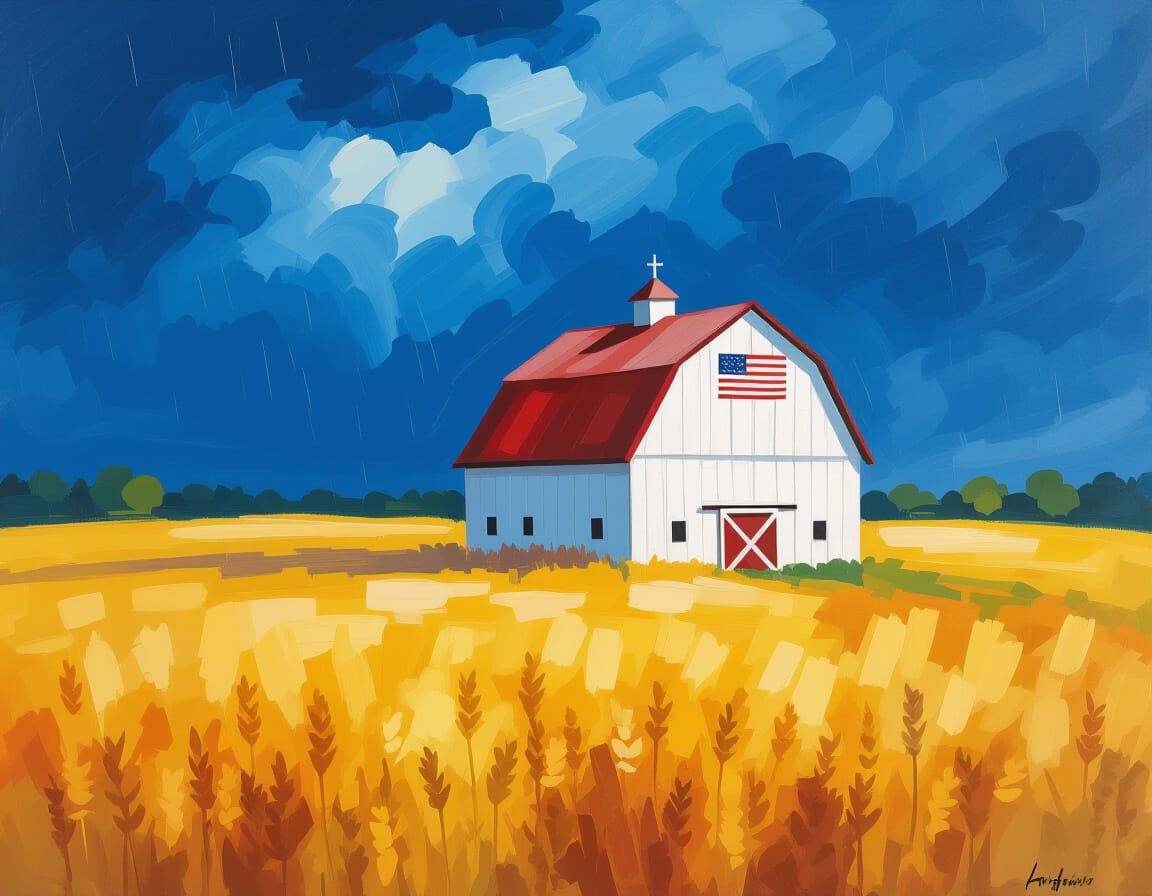 Painting of a white wash barn with an American Flag in the middle of a field of wheat. There is a storm brewing and the ...