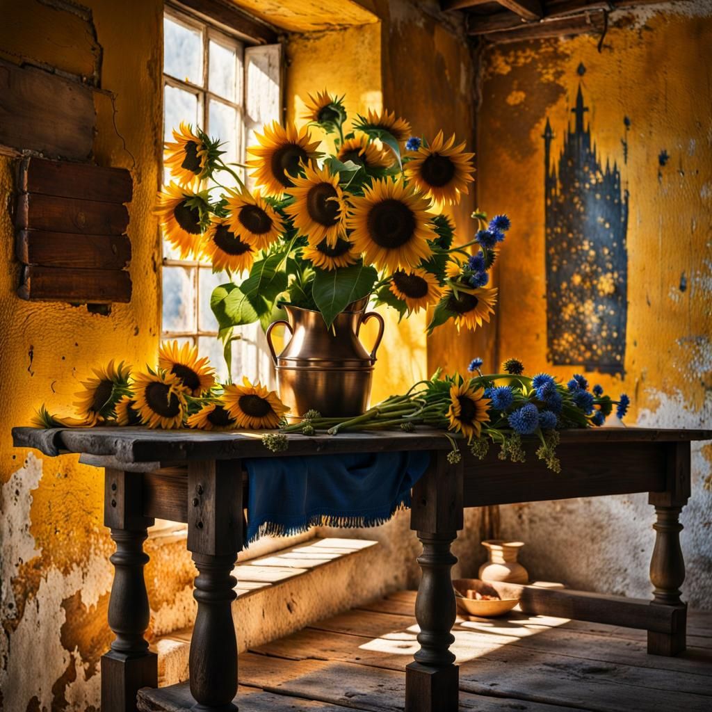 Sunflowers and Delft Blue Flowers by Window