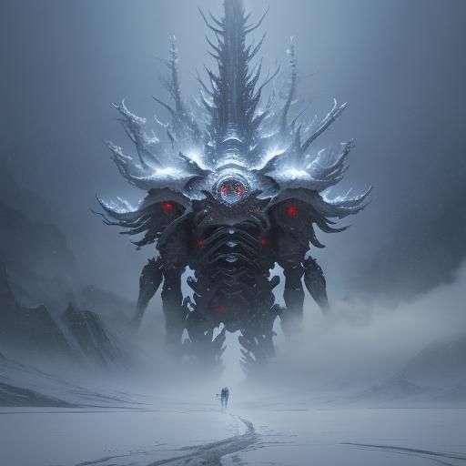 Surreal Dark Fantasy Anime Goddess in Snowy Mordor Landscape