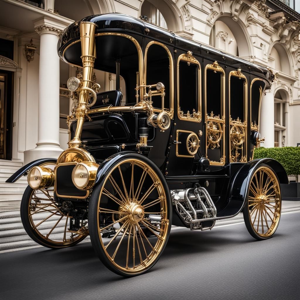 Steampunk Limousine Parked Outside Exclusive Hotel