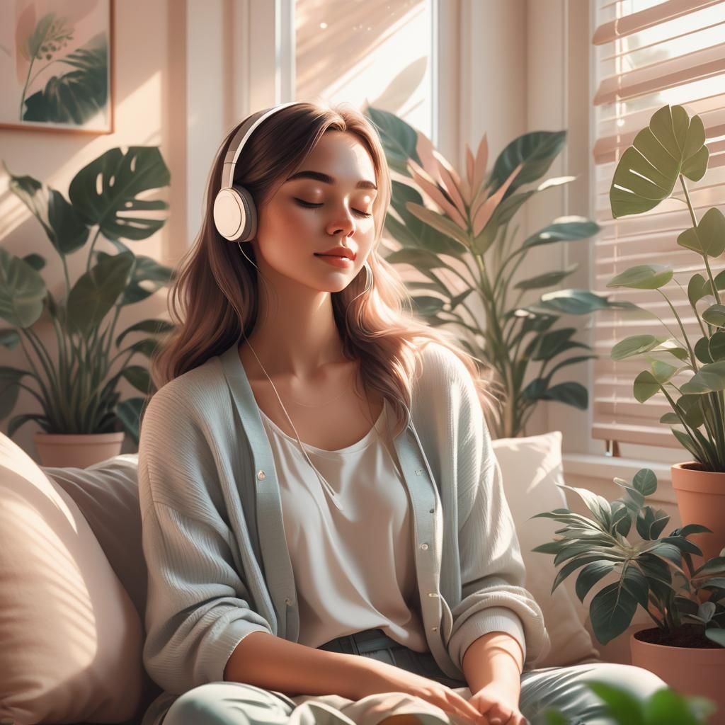 Relaxed Girl Listening to Lofi Music: Digital Illustration
