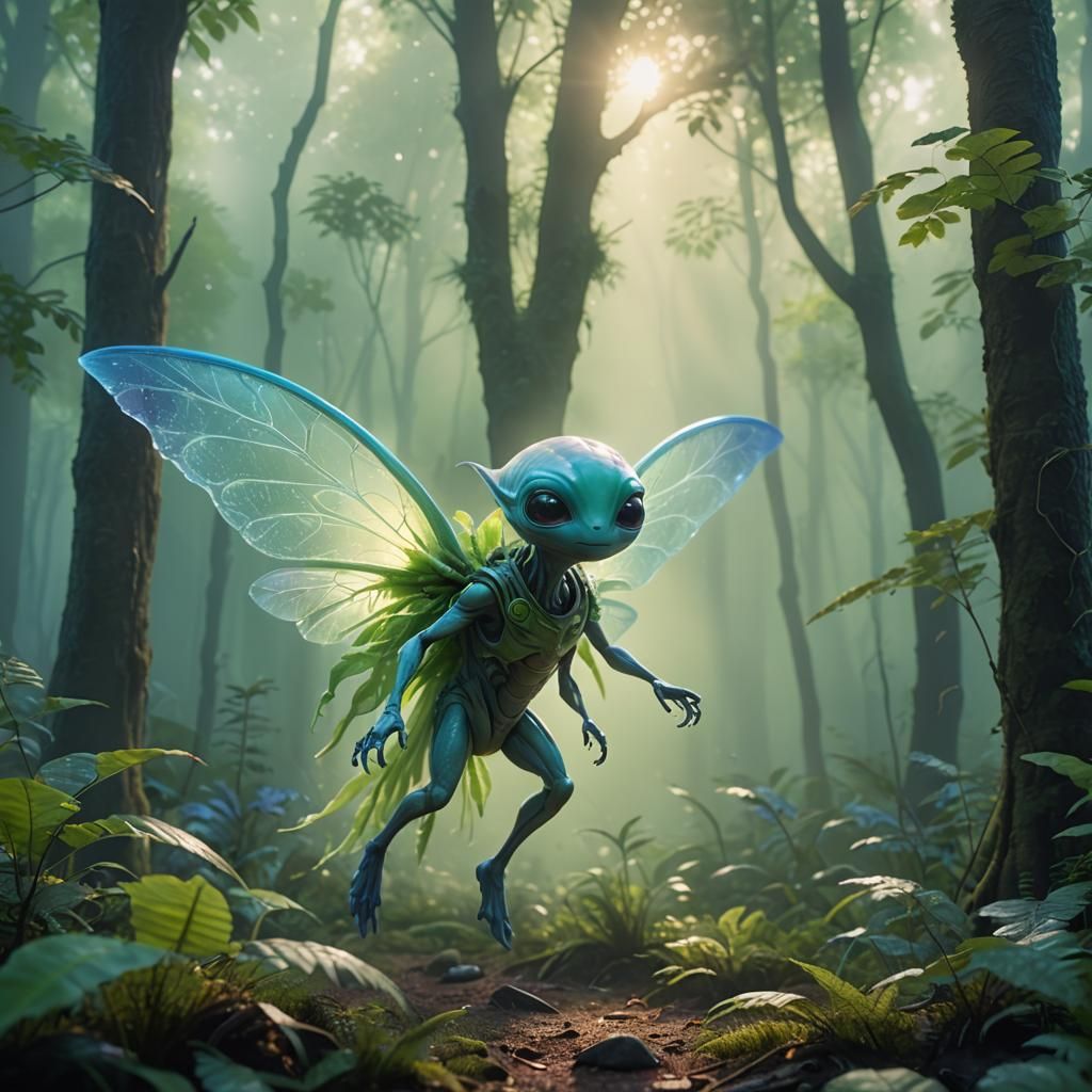 Cute Alien in Misty Forest: 3D Digital Art