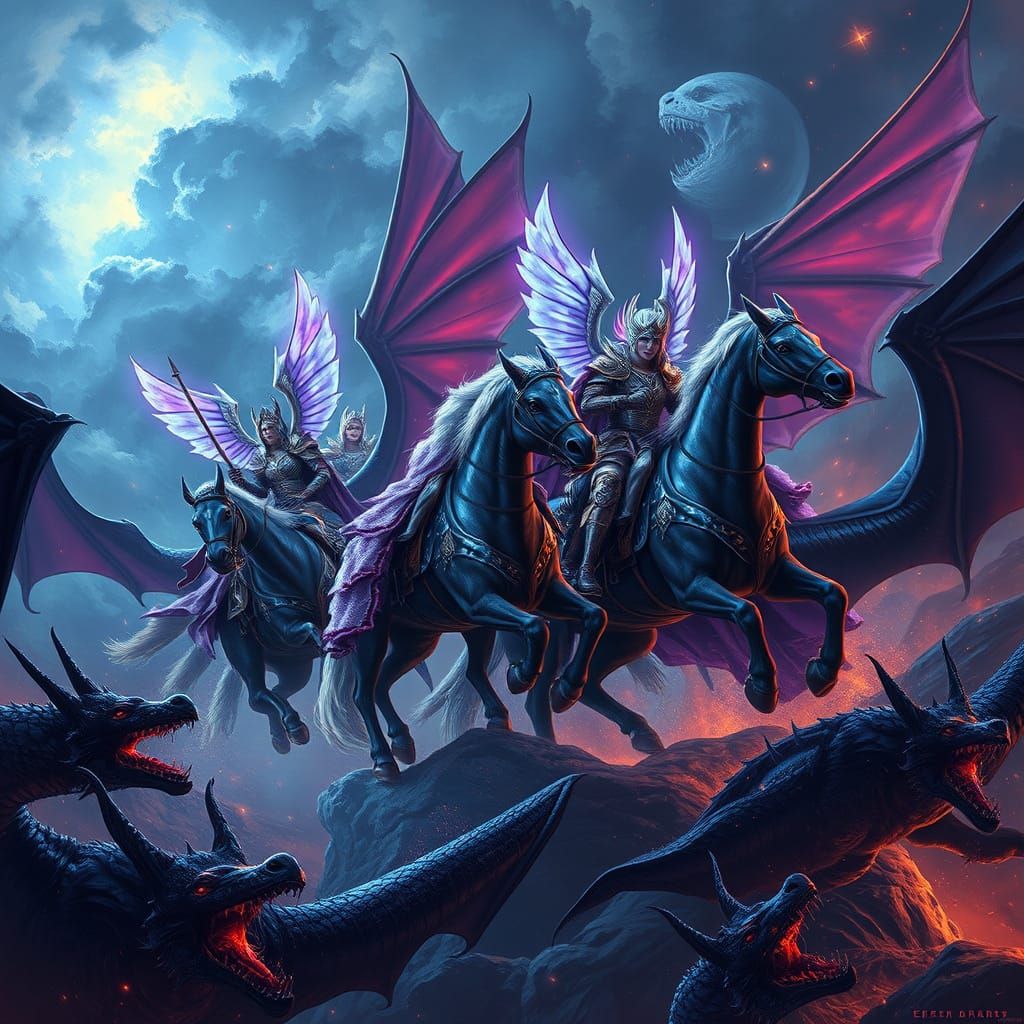 Valkyries Clash with Dragons in Cyberpunk Style