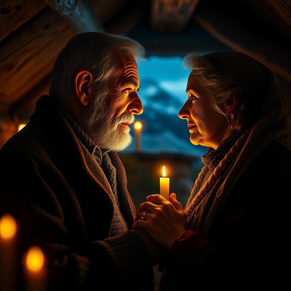 Italian Couple Praying in Alps Cabin, Digital Illustration