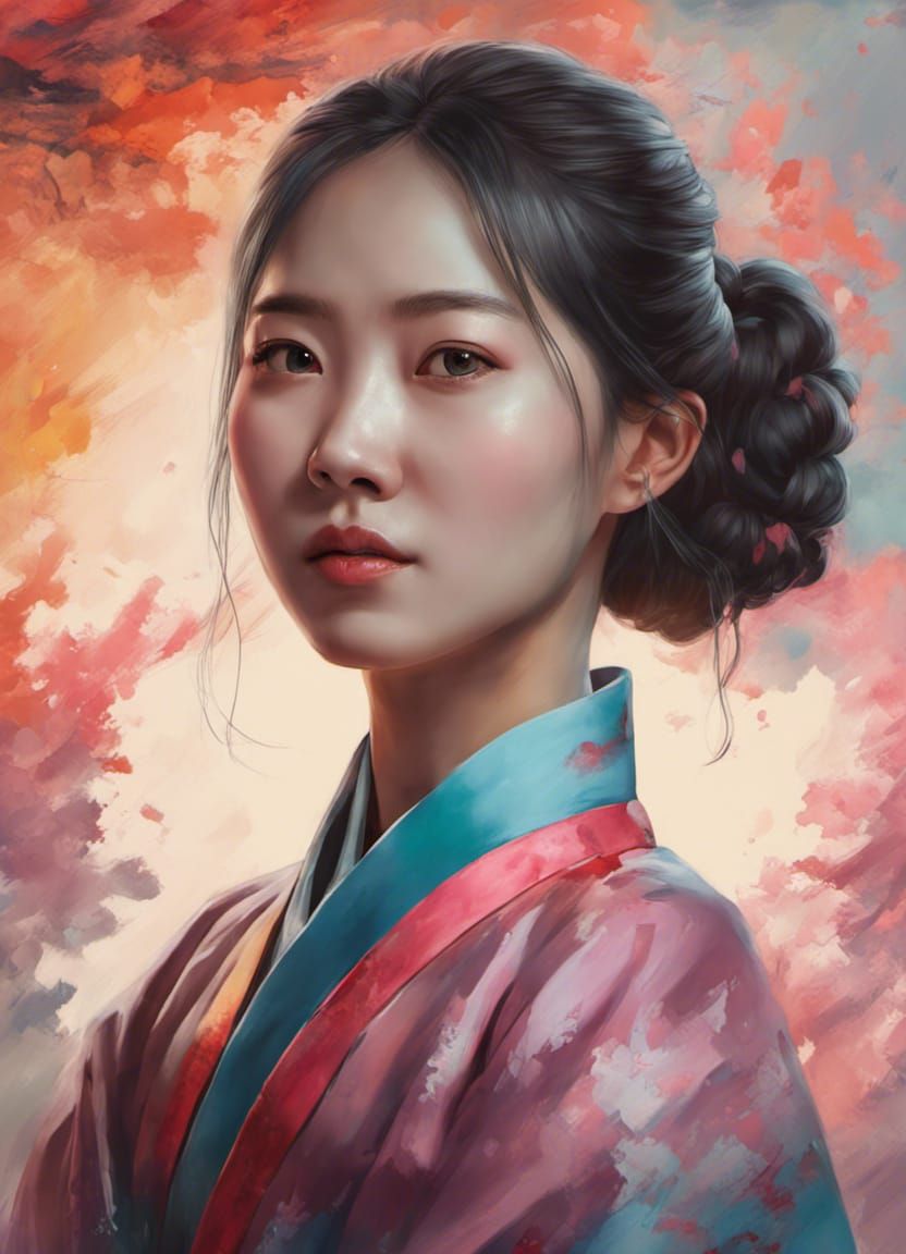 Young Woman in Hanbok: Hyperrealistic Splash Art