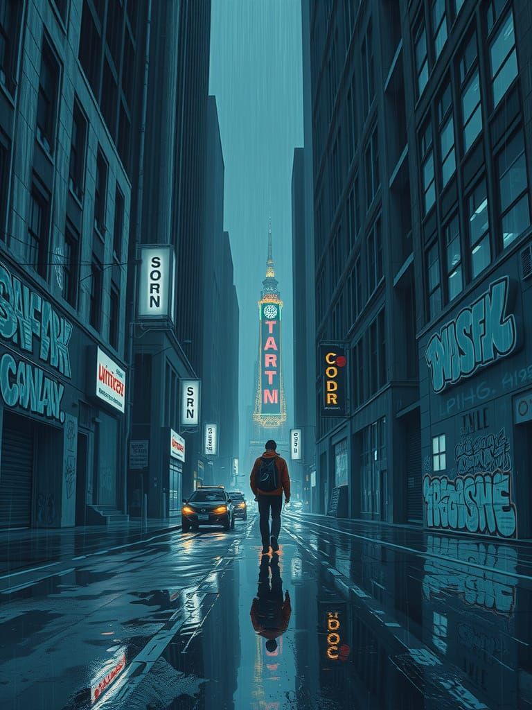 A lone figure walks down a rain-slicked city street