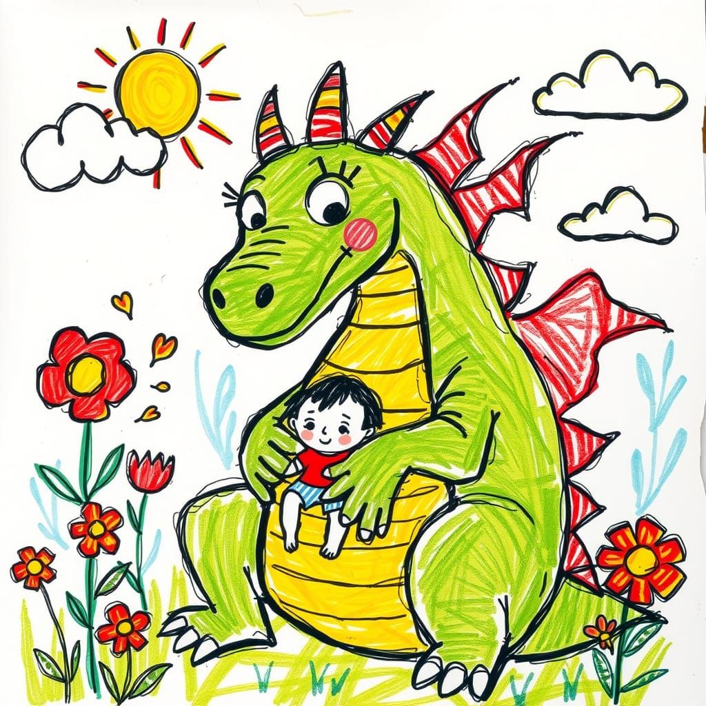 Friendly Dragon Caring for Lost Child as Crayon Drawing