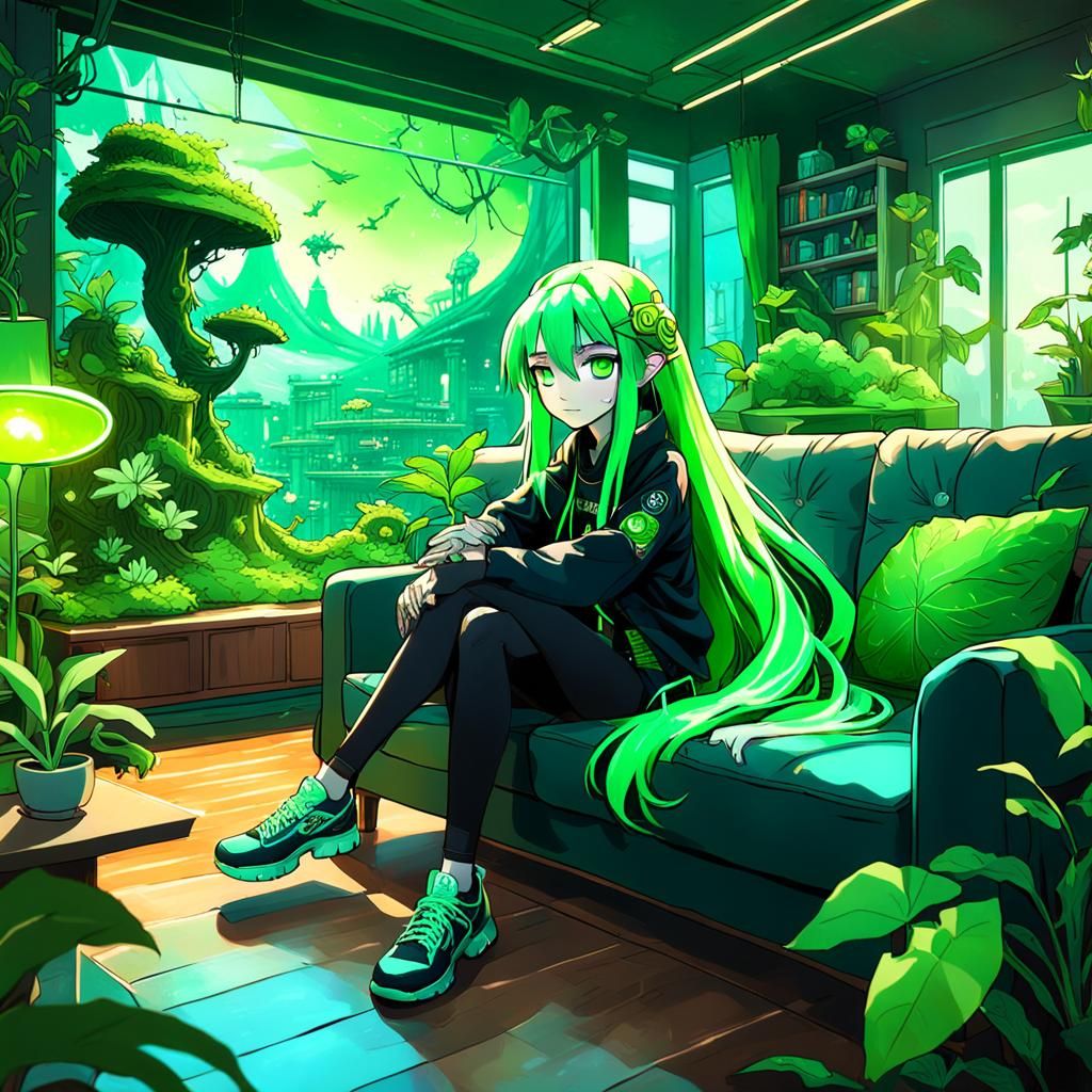 Anime Girl in Biophilic Apartment, Detailed Fantasy Art