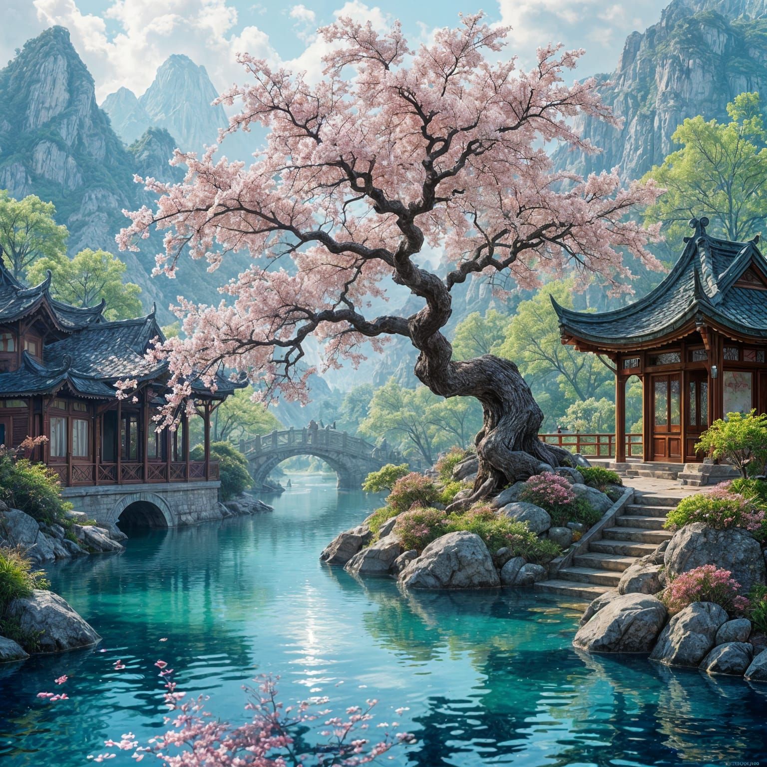 Lush Cherry Blossom Tree in Vibrant Matte Painting Style