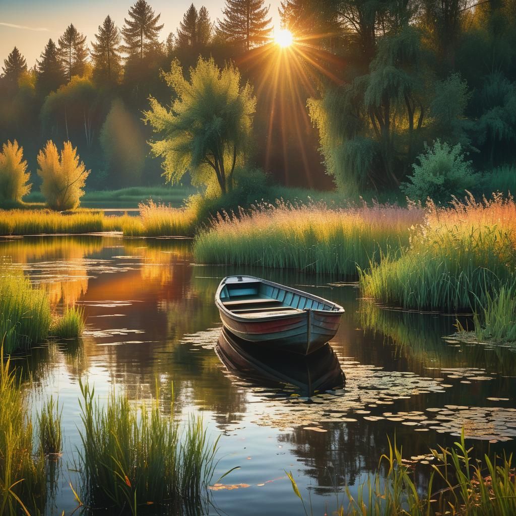 Sunset Lake Boat in Impressionist Style