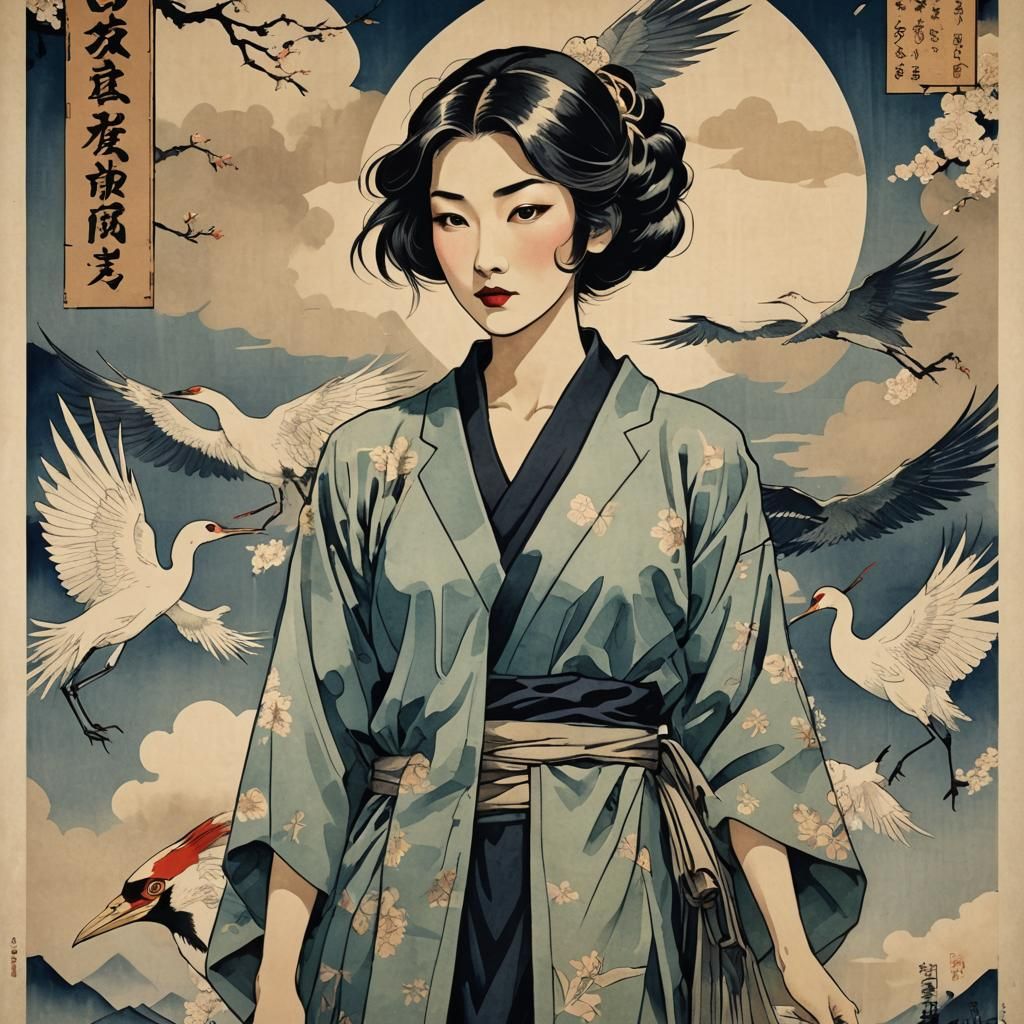 Elegant Japanese Woman with Cranes in Art Deco Style
