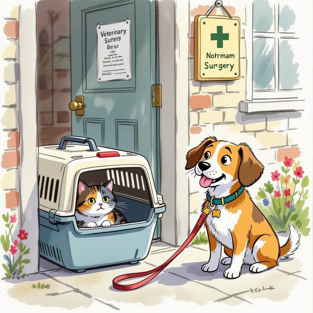 Anxious Pets Await Vet in Whimsical Illustration Style