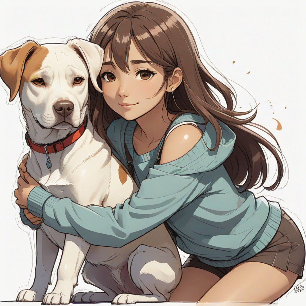 Labrador Hugged By Attractive Woman in Anime Style