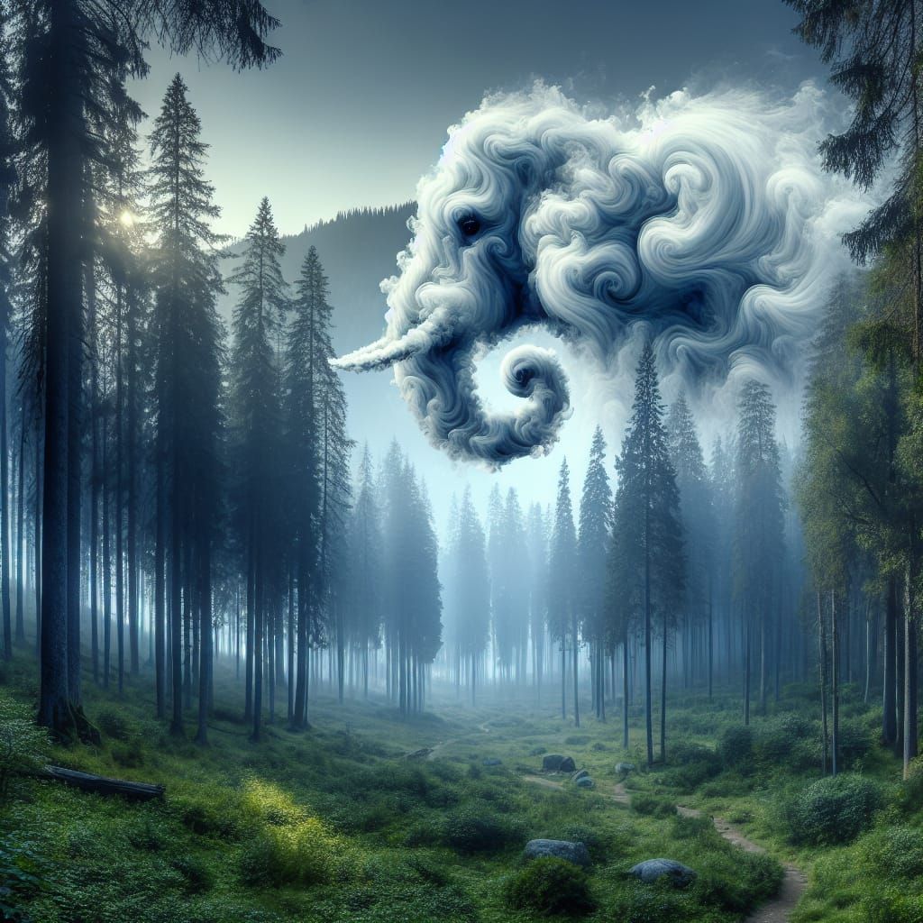 Ethereal Elephant Emerges from Misty Forest