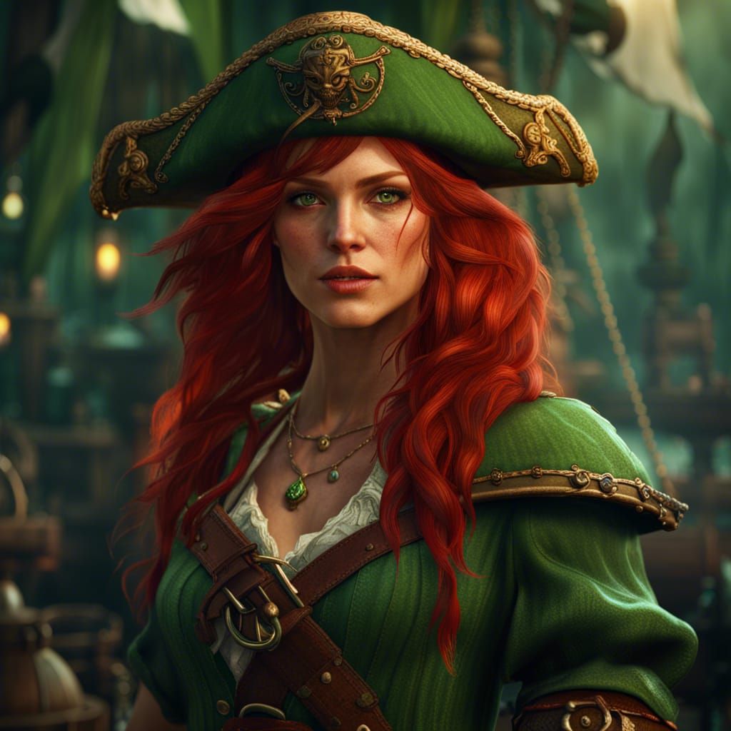 Elven Pirate Woman with Red Hair, Fantasy Art