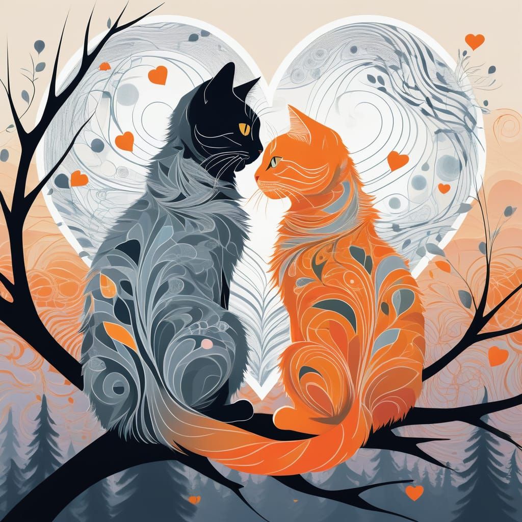 Two Adorable Cats Entwined in Heart-Shaped Tails on a Whimsi...