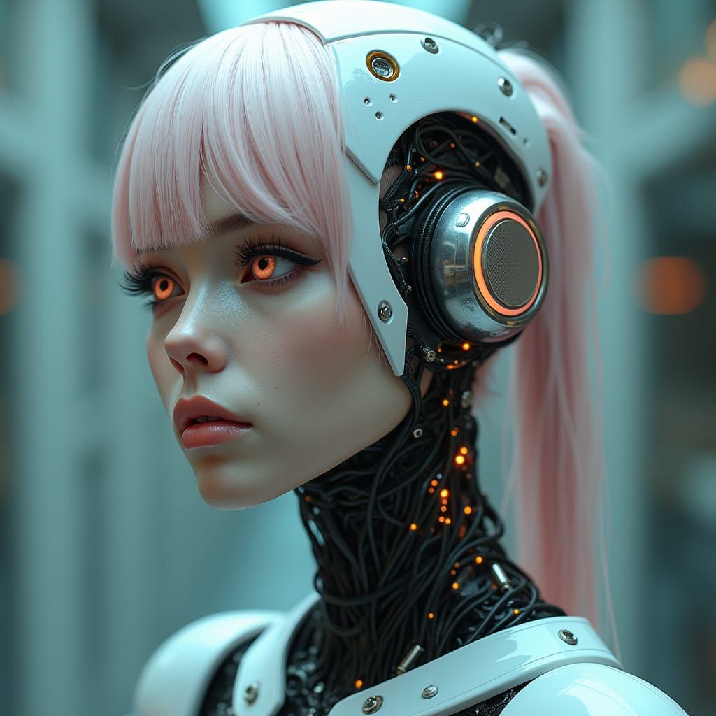 Cybernetic Woman with Metallic Cheek Plates and Pastel Pink ...