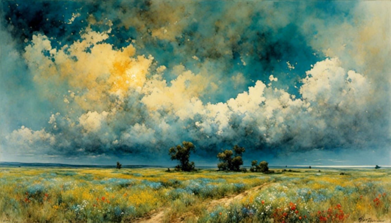 Blooming Flower Field with Dramatic Sky