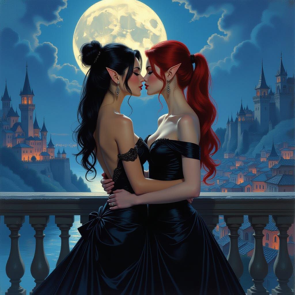 Elven Romance: Kiss Under the Moon, Fantasy Oil Painting