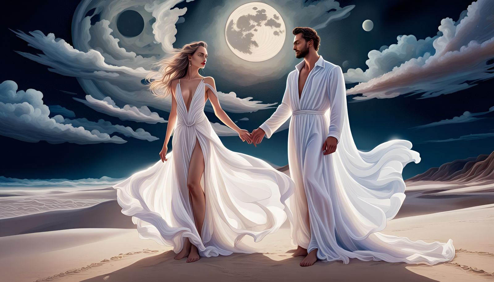 Couple on Moonlit Beach in Astral Cosmic Style