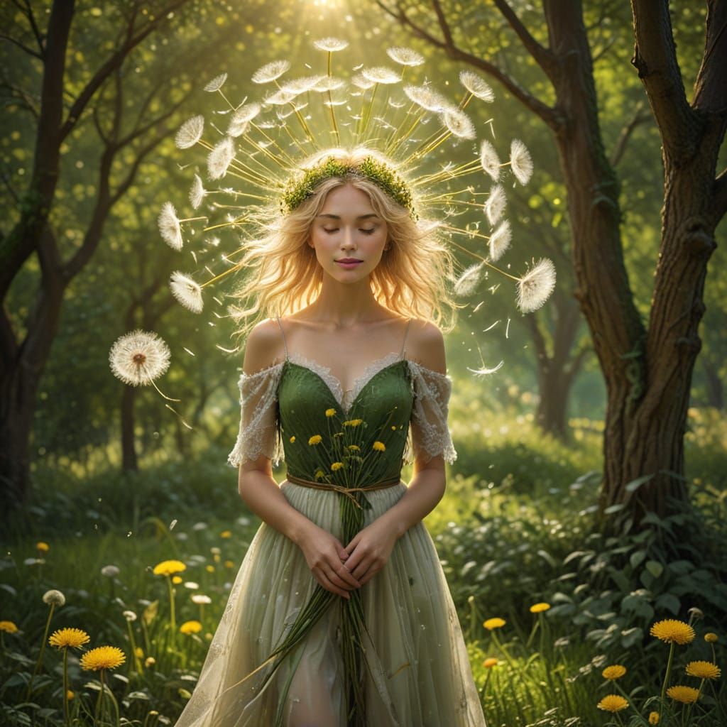 Dazzling Dandelion Goddess in Vibrant Emerald Paradise