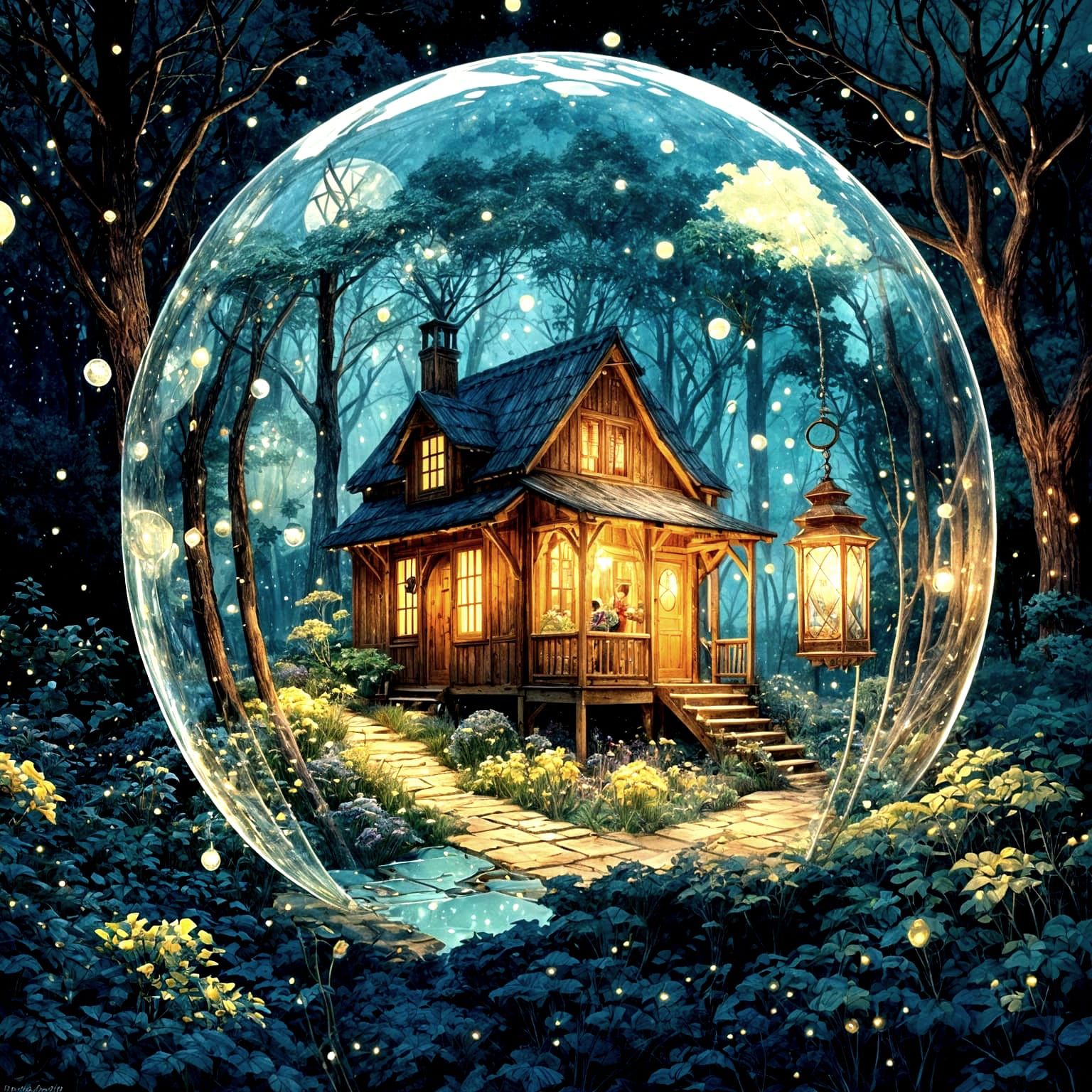 Enchanted Cottage in Crystal Bubble, Painterly Style