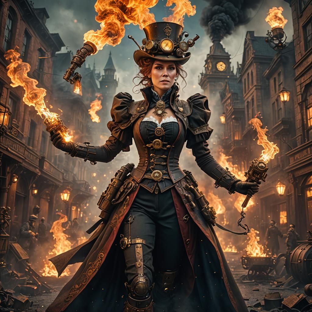 Steampunk Woman Ablaze: Detailed Matte Painting