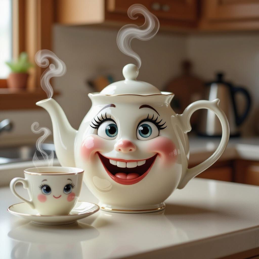 Anthropomorphic Teapot with Smiling Teacup