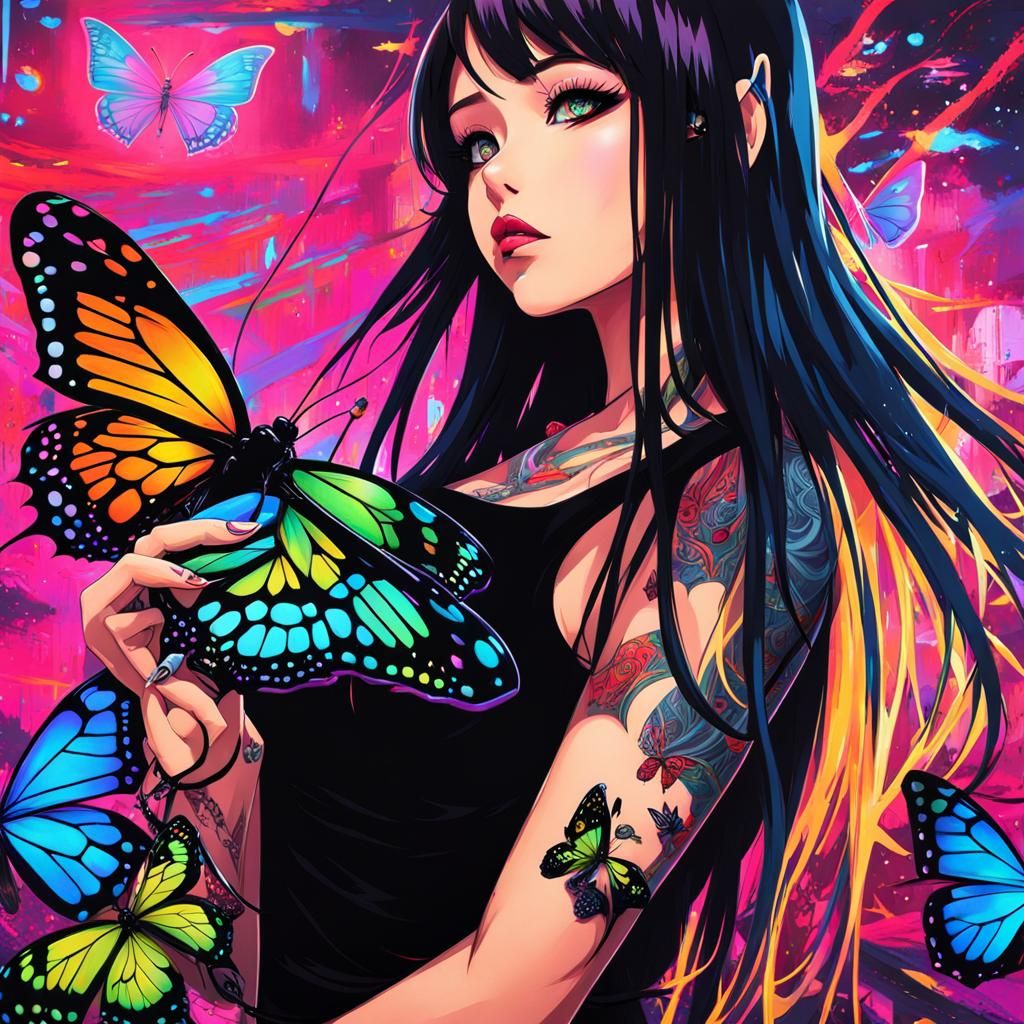 Anime Girl in Tokyo with Butterfly Tattoo