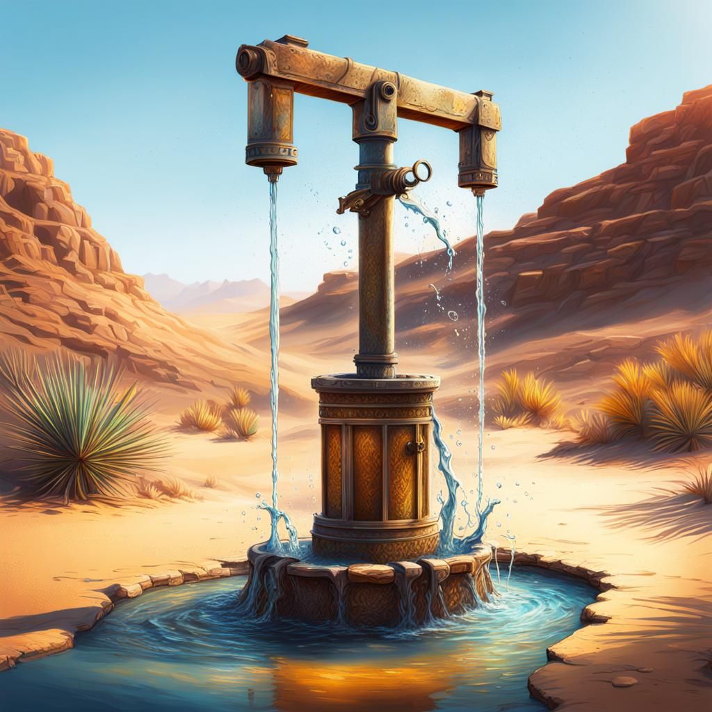 Hyperrealistic Desert Oasis Water Well Splash Art