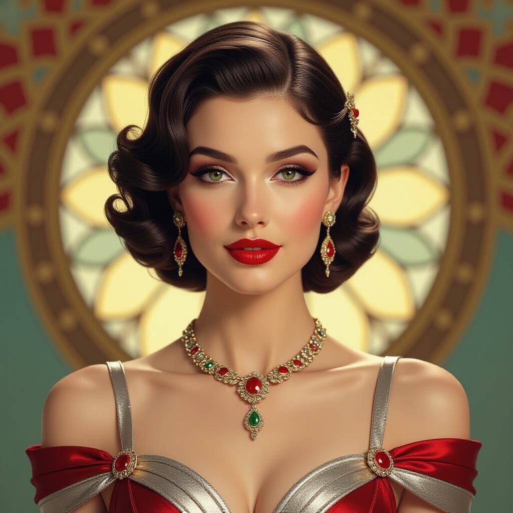 Extraordinary realistic beautiful young woman pictorial style Dali 30s art deco style colors silver gold red and red