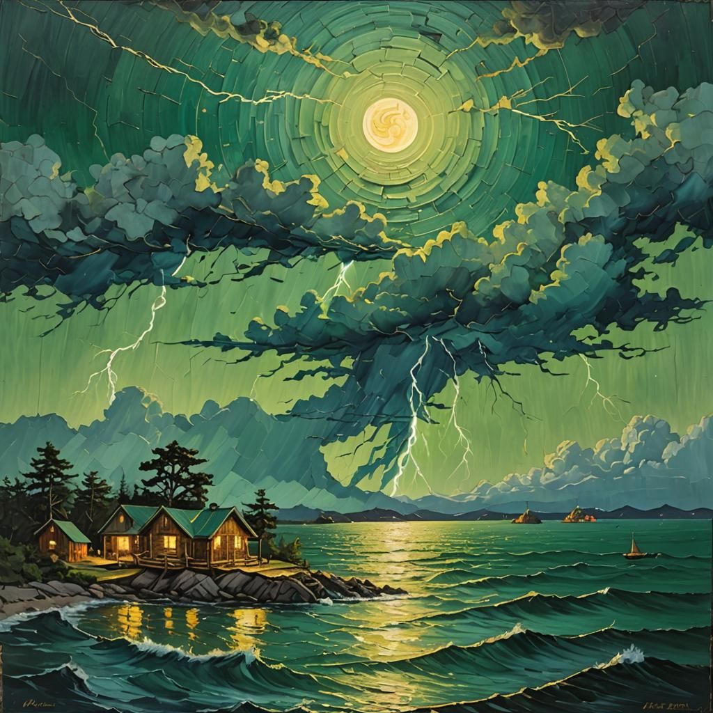 Island Cabins Illuminated by Lightning, Impasto Kintsugi