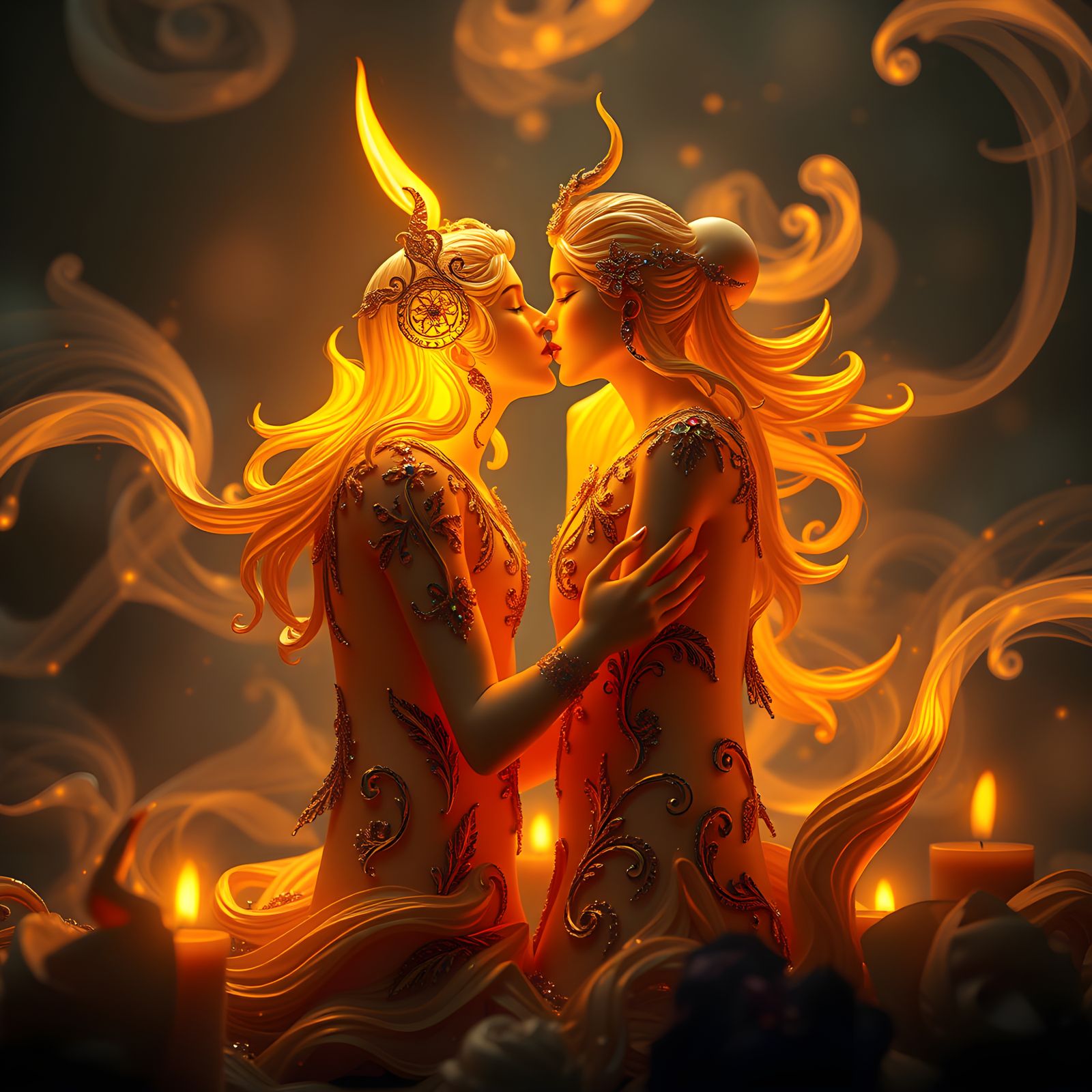 Passionate Candles Embrace in Warm Fantasy Concept Art