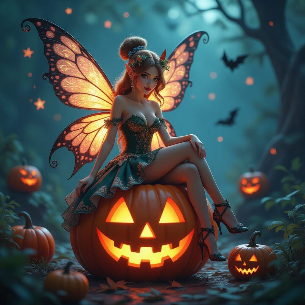 . A fairy with intricately designed wings sits atop a glitte...