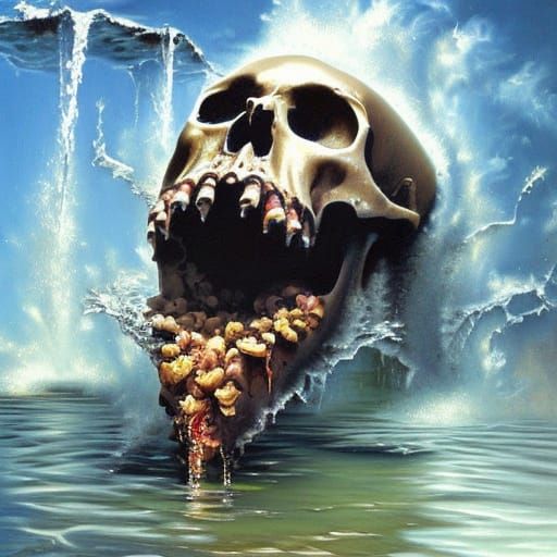 Skull Puking Waterfall: A Realistic Oil Painting