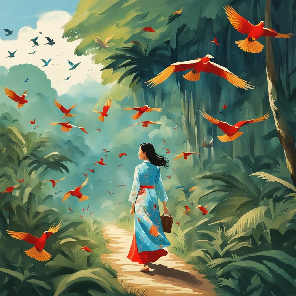 Vietnamese Girl in Ao Dai in Jungle Scene