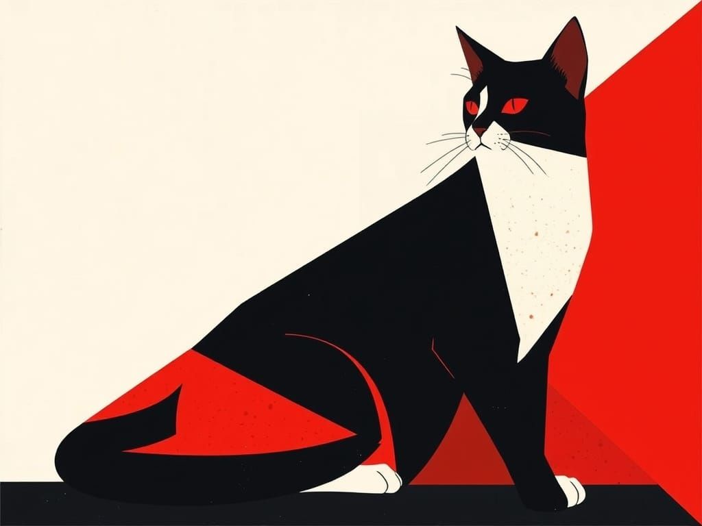 Suprematist Cat Composition in Bold Red, Black, White