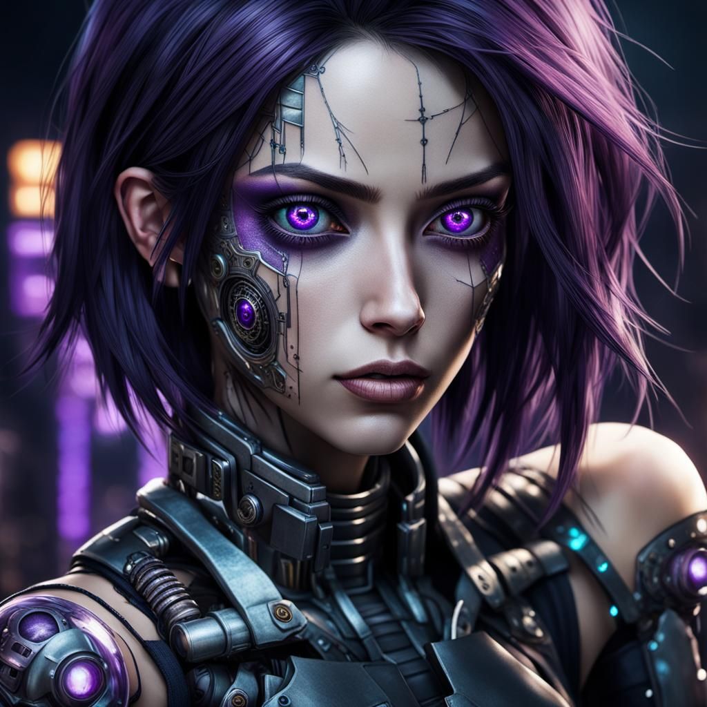 Cyberpunk Cyborg with Purple Eyes in Photorealistic Style