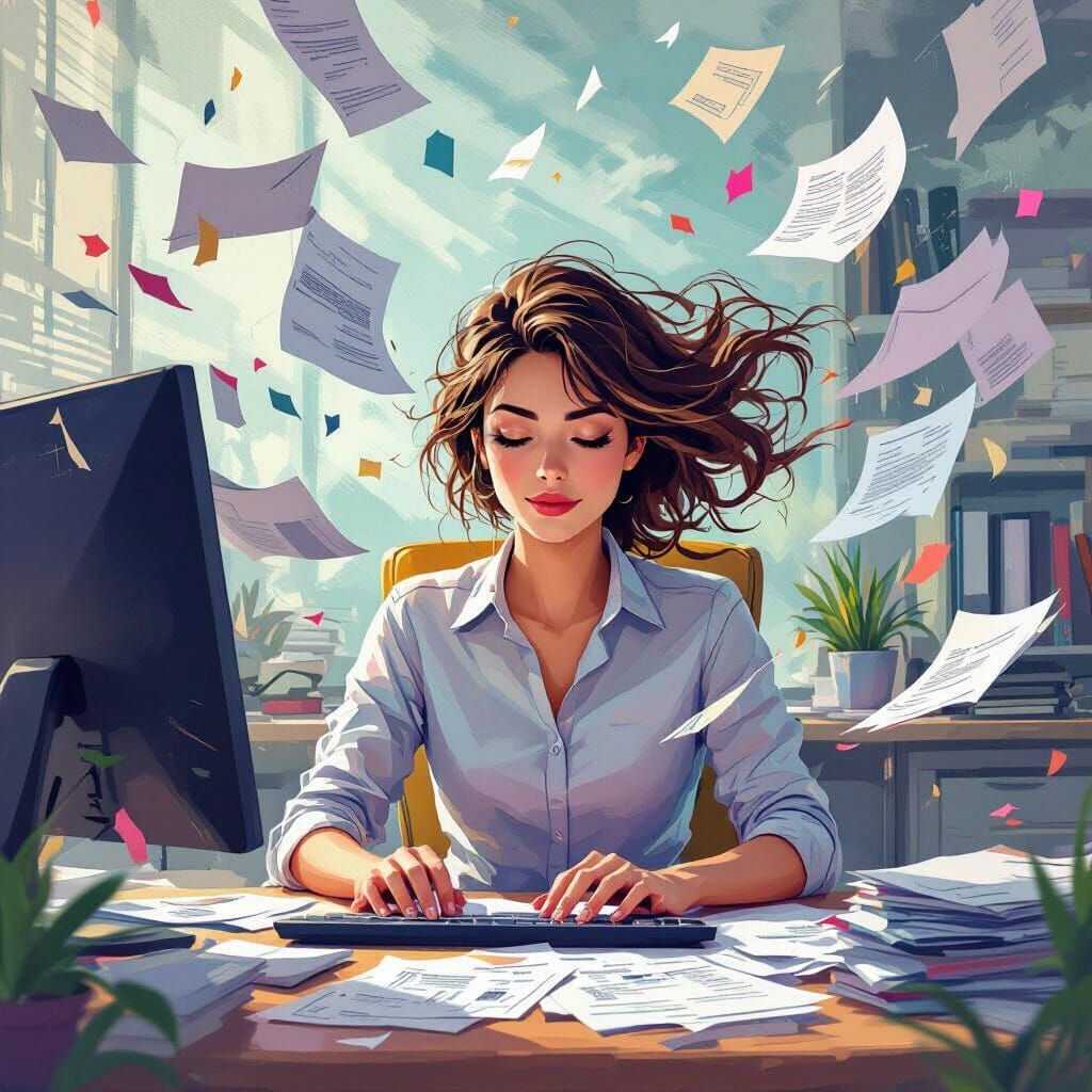 Vibrant Office Scene with Active Worker, Digital Painting St...