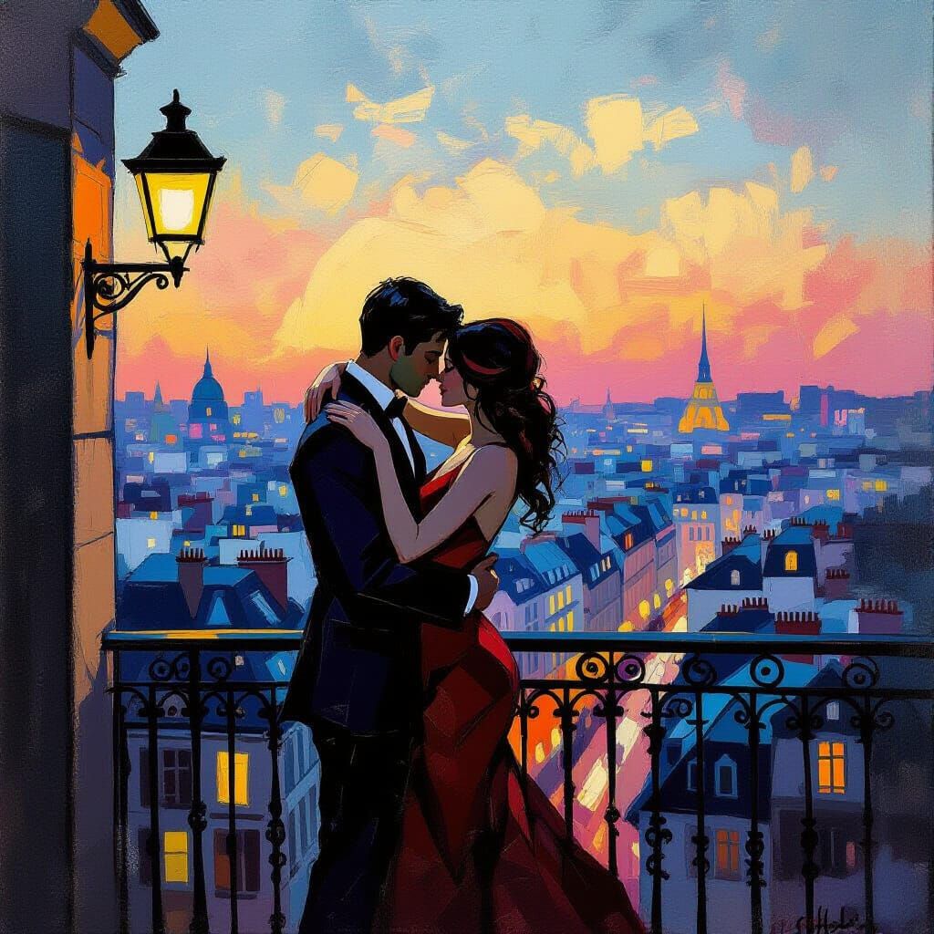 Passionate Lovers on Parisian Balcony at Twilight