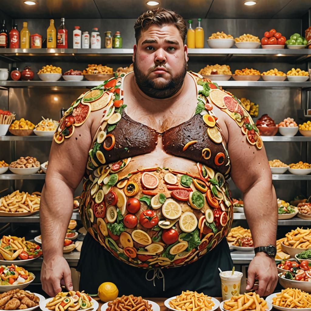 Overweight Man Covered in Food