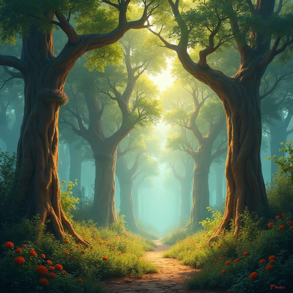 Steampunk Forest with Golden Light, Matte Painting