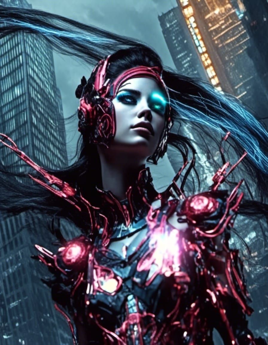 Cyberpunk Angel Portrait in Neon Cityscape