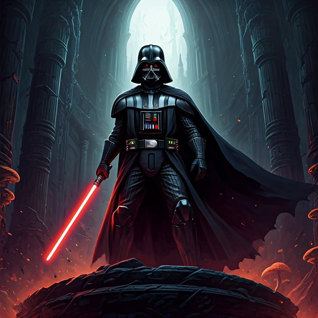 Darth Vader on Ruined Temple in Dramatic Lighting