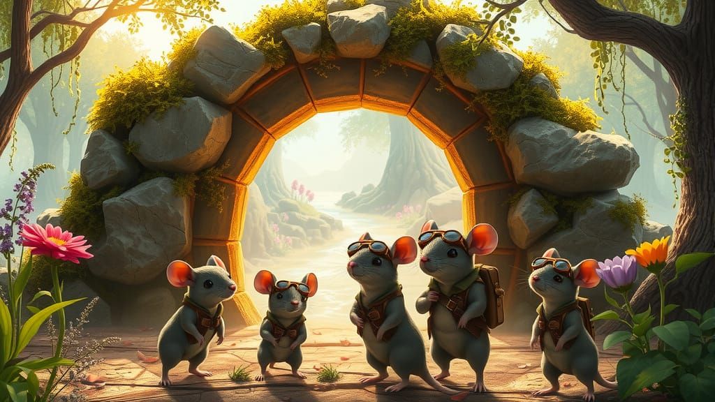 A group of adventurous mice, dressed in tiny leather vests a...
